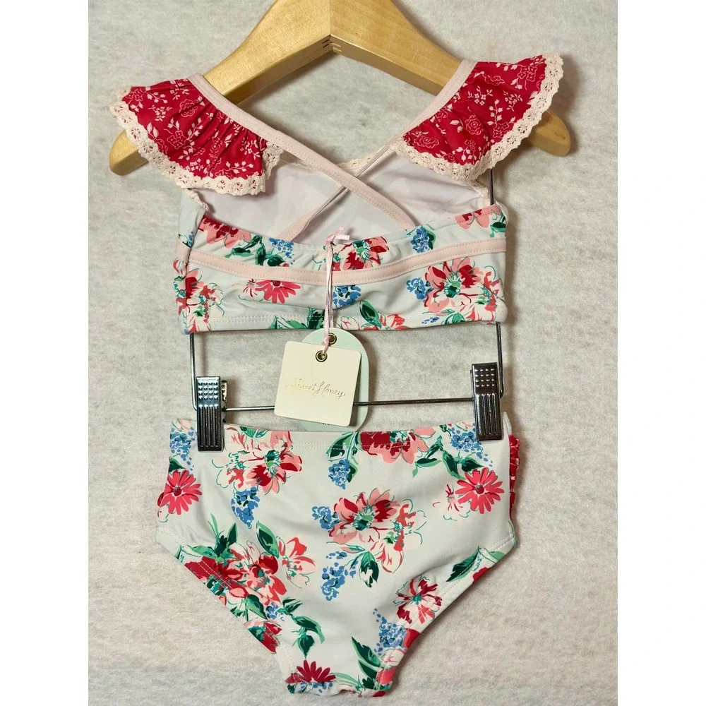 SweetHoney Girls Floral Ruffle Two Piece Swimsuit Bikini Set Red White Blue 3T